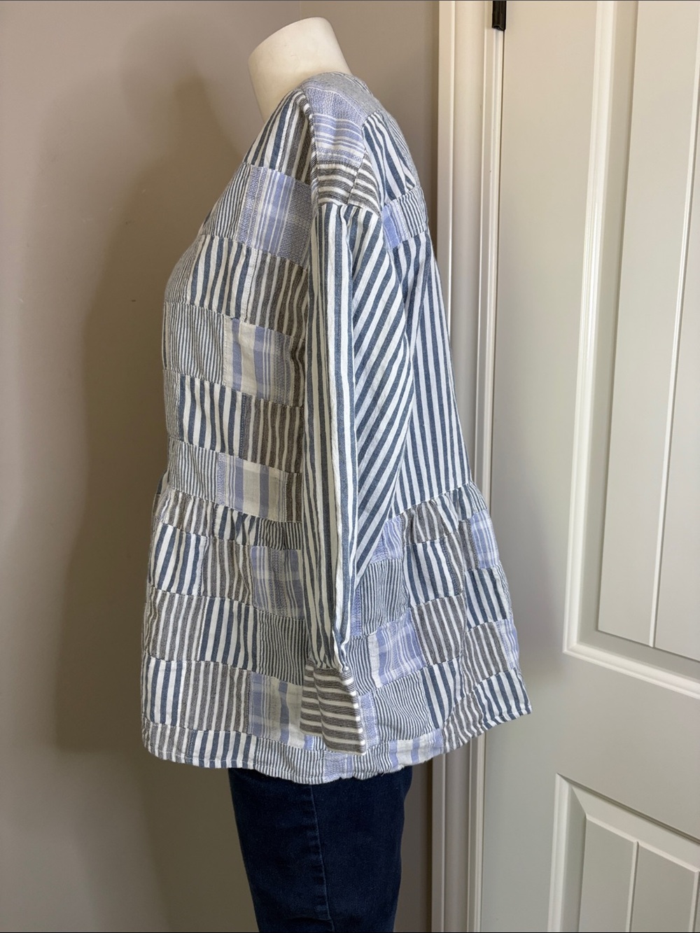 Anthropologie Maeve Stripe Patchwork Swing Shirt Henley Zoe Linen Top Blue Sz S - Picture 7 of 14